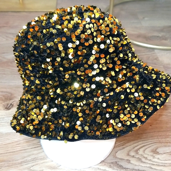 None Accessories - Black Gold Sequin Bucket Hat